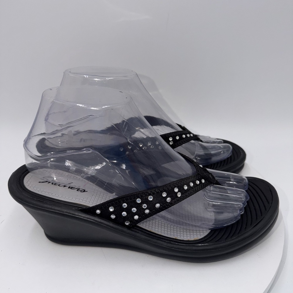 Skechers Vintage Y2K Cali Womens Black Kitty Wedge Thong Gem Sandals Size 8 - Picture 2 of 8